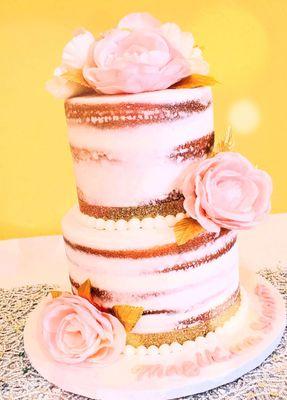 Naked,  pink Roses with gold leaf Baby shower cake