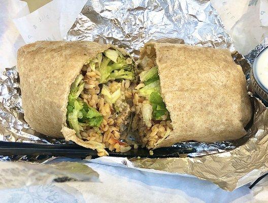 Chicken Doner on whole wheat with broccoli, sweet rice, hummus, and lettuce