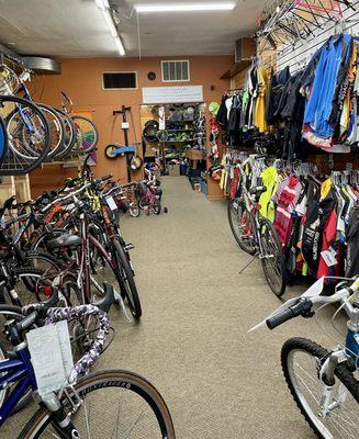 Bikes, gear, and accessories inside the shop