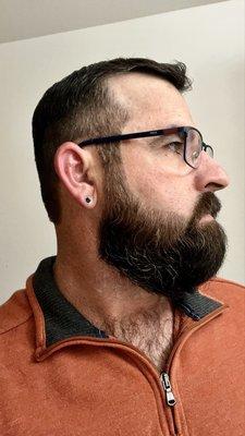 Right profile.  Beard trim & shape, & hair cut