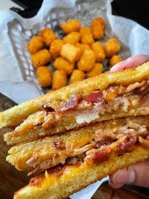 Turkey, bacon and cheddar in Texas toast, with tots. $8 lunch special.