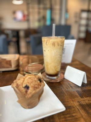 Blueberry muffin and 20 oz iced cold brew coffee