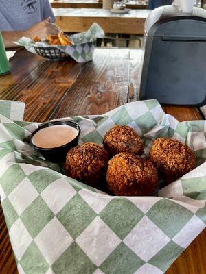 Helm's sauerkraut balls HOLY TOLEDO I was not expecting the Brat in there nor the horsey sauce. Wow. Made the dish. GREAT