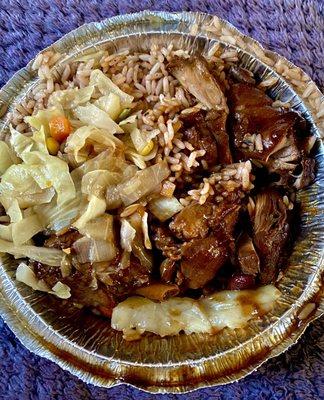 Stew chicken with rice beans and cabbage