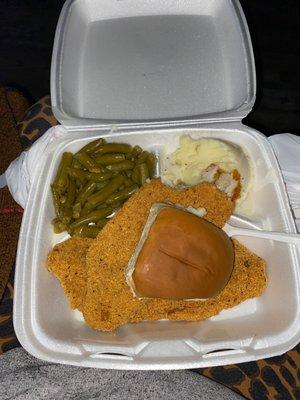 Fish green beans and mashed potatoes from Lisa Fried Chicken 2 Pieces it was supposed to be green beans and Mac and cheese