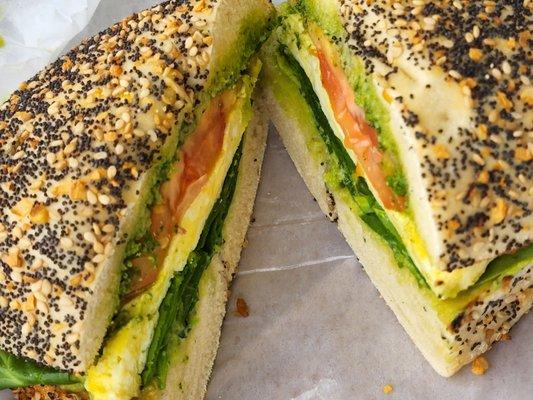 Mediterranean sandwich on everything bagel