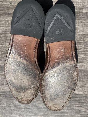 BEFORE Brown Shoes with worn leather soles and rubber heel taps