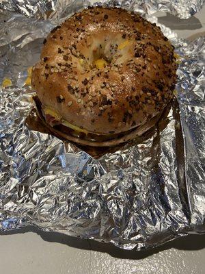 Bacon, egg cheese on everything bagel