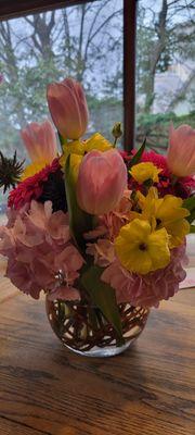 This is a simple Spring bubble arrangement that I had Mrs. Morgan produce for Easter Sunday.