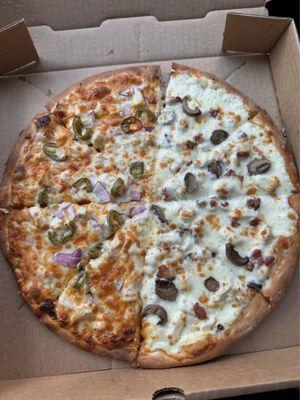 Thin crust 12" half bbq chicken half chicken bacon Alfredo