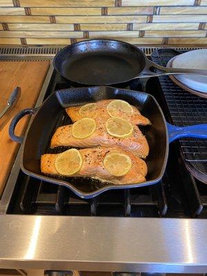 King salmon cooked in a wood fired oven.