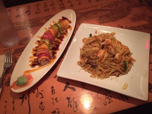 Rainbow Roll and Singapore Noodles.