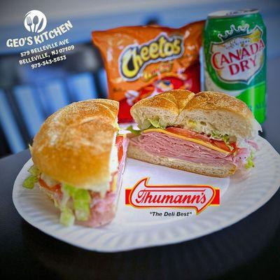 Delicious Kaiser Roll loaded with Ham, Mayo, Cheese, Lettuce, Tomato, and Onion!  Served with crispy chips and a refreshing soda.