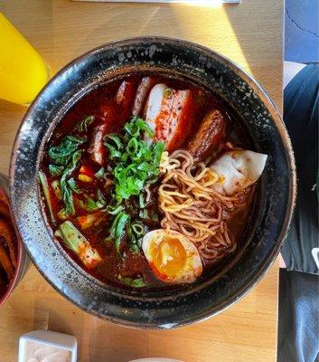 Shoyu ramen with pork belly and wonton.