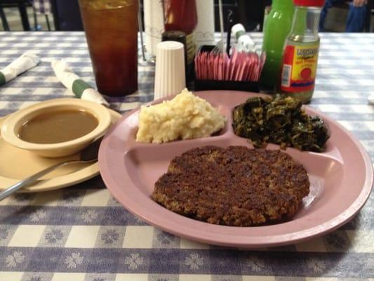 Great hamberger steak greens, real potatoes & gravy