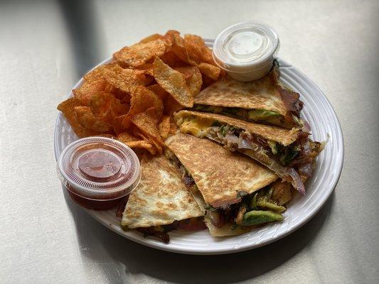 Quesadilla with BBQ chips.