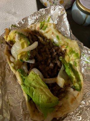 Carne Asada with grilled onions and avocado