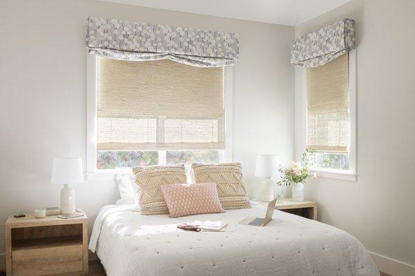 Woven Wood Shades with Operable Blackout Liner plus a Relaxed Roman Valance