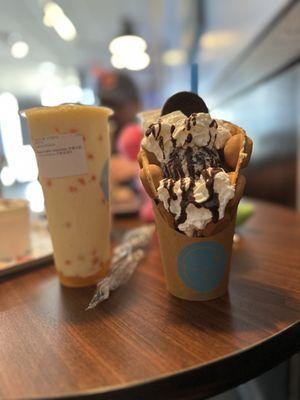 Mango boba and bubble waffle with Oreo ice cream