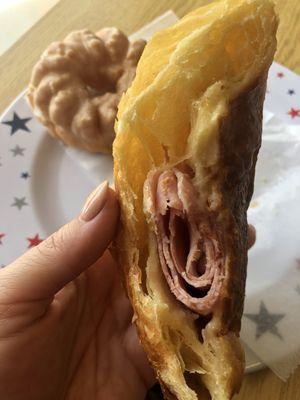 Ham & cheese croissant with a cruller