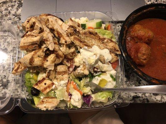 Large Greek salad with double chicken and side of meatballs.