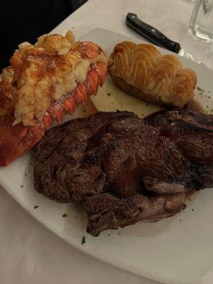 Ribeye steak worth a double baked potato and lobster tail (separate entree)