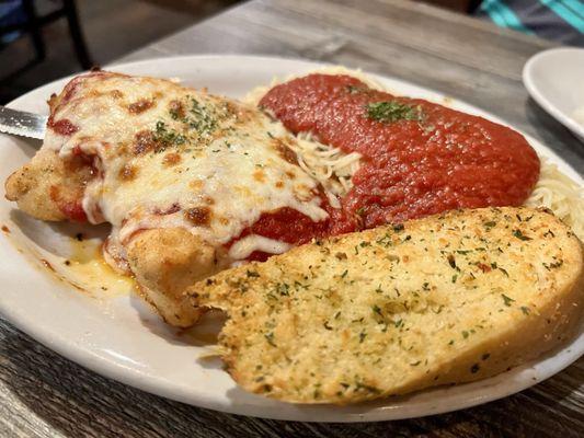 Chicken parm with angel hair/capellini pasta.