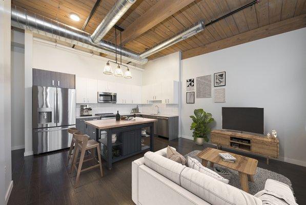 Kitchen and Living Area at Bancroft Lofts