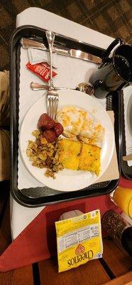 Complimentary breakfast at the Bavarian Lodge. Biscuits and gravy, Polish sausage, hashbrown potatoes, and omelette