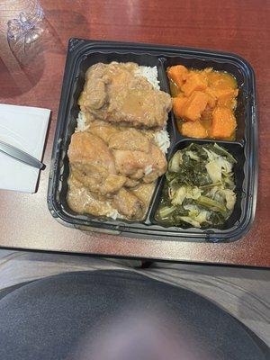 Smothered chicken, yam and greens