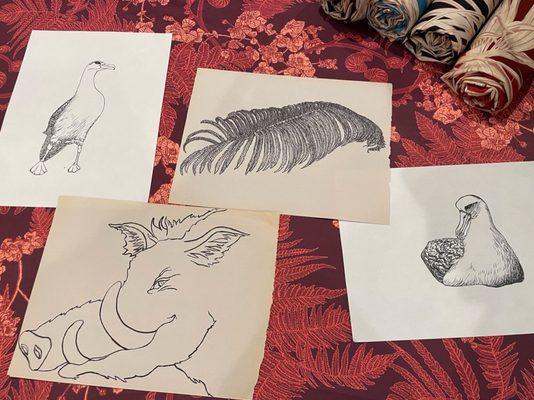 Drawings by hand that David uses to create the fabric designs.