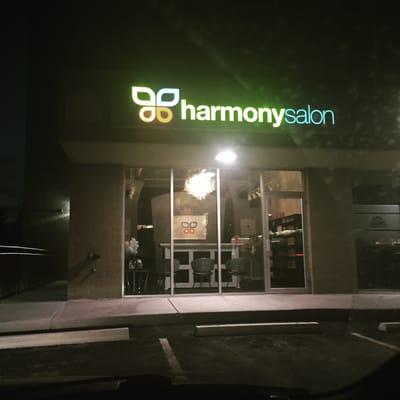 harmony salon looks so pretty at night driving by