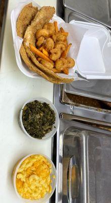 4 piece Whiting & Shrimp Dinner with Collard Greens Cooked with Smoked Turkey  and Mac & Cheese.