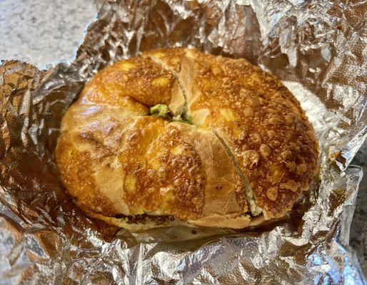 Egg, Cheese, and Avocado on a Cheddar Bagel