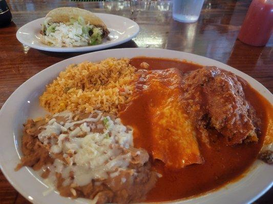 Enchilada Tamale combo with beef taco.