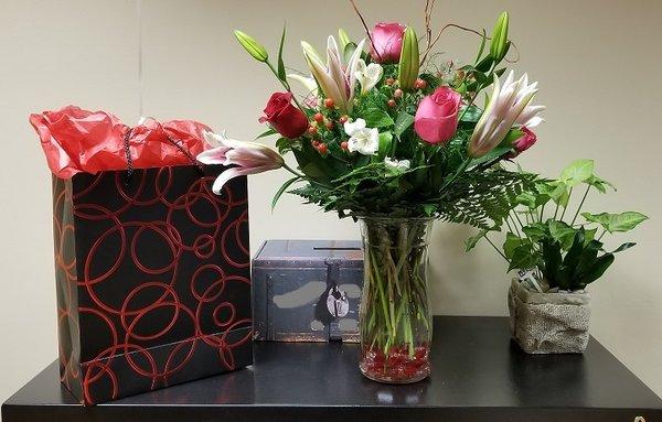 Beautiful flowers and gift bag from my wife for the day before Valentine's Day