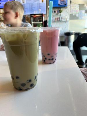 Green tea milk tea,strawberry milk tea,boba