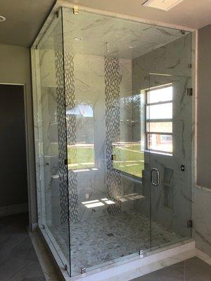 115" Steam Shower installed with rain glass window