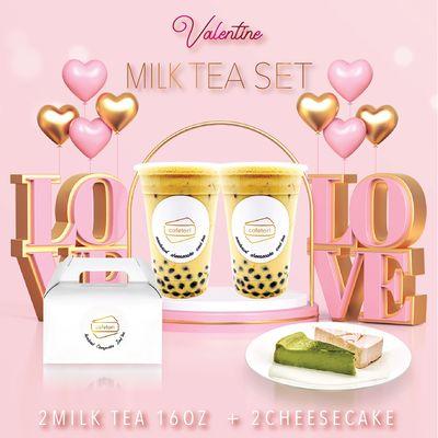 Valentine Milk Tea Set comes with 2 milk tea 16oz + 2 cheesecakes