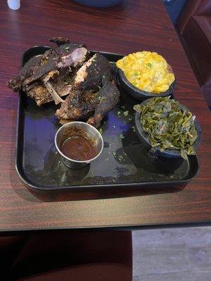 Jerked Cornish Hen, Collard Greens and Mac and Cheese