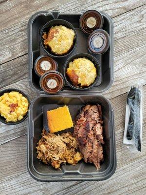 3 Meat Sampler: Double Brisket and Pulled Pork with Double Baked Cheesy Potatoes and 1 side of Mac & Cheese