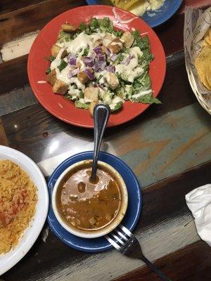 Mexican fried rice, charro beans, salad