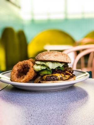 $19 total for a burger with avacado, bacon, and 4 onion rings. Yikes.