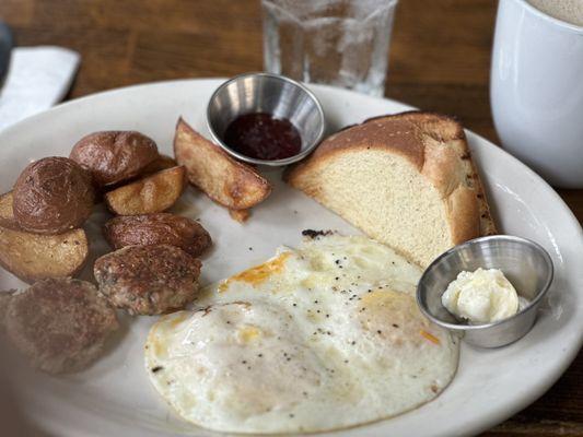 Combo Greasy over cooked potatoes Asked for over easy eggs. One was over easy other over medium. They redid them correctly.