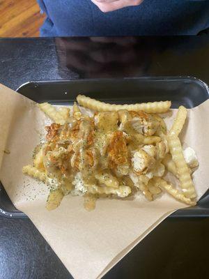 Chicken poutine- spicy chicken, fries, and a sage gravy