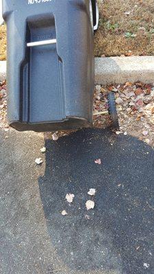 Damage done to my trash can by the trash collector. Whole wheel came off due to them throwing my trash can on the ground.