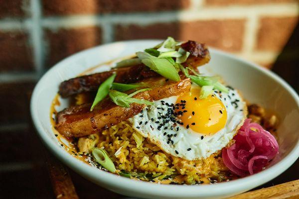 Pork belly rice bowl. Also available with grilled chicken or tofu.