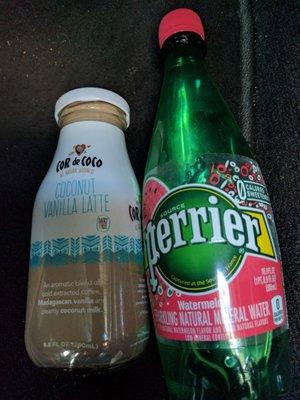 Vegan Cor de coco coconut vanilla latte and Perrier watermelon