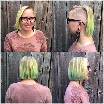 Faded neon, blunt cut, precision bob