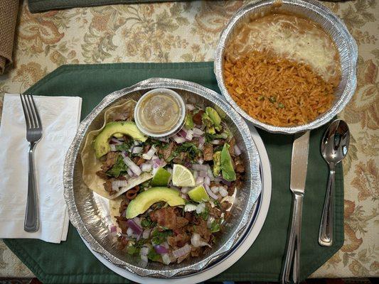 California tacos with rice and beans.